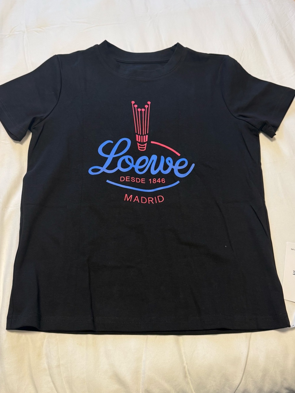 Loewe Kids Black Logo Tee with Blue & Pink Print